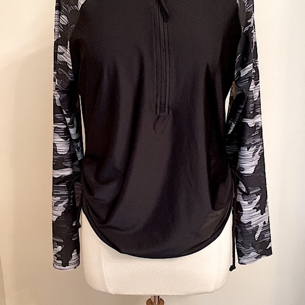 Free Country Black Grey Sun Block Camo Print SZ L UPF 50+ Outdoor Athletic Top - Picture 3 of 14